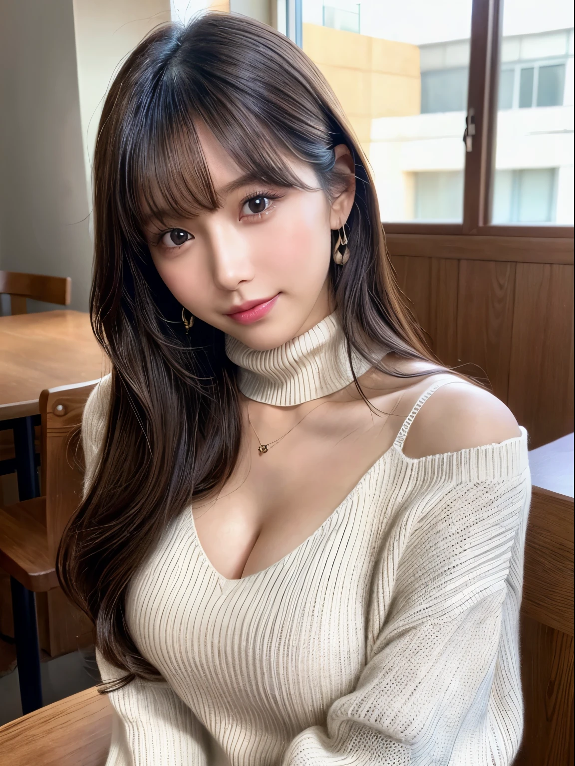 (8K, RAW photo, highest quality, masterpiece, very detailed:1.2),(realistic, photo-realistic:1.4), sharp focus, Bokeh, detailed 8K background, soft light, Sigma 85mmF/1.4.

very cute japanese idol, cute, (fine skin: 1.2), porcelain skin, white skin, very detailed face, brown eyes, smile, looking at the viewer, Medium size breasts, Virgin Killer Sweater, (sweater dress:1.2), ribbed sweater,side boob,cleavage cutout, turtleneck sweater,(white sweater:1.3),crop top navel, (chest on the table, tilting head:1.2)

Cafe, indoor