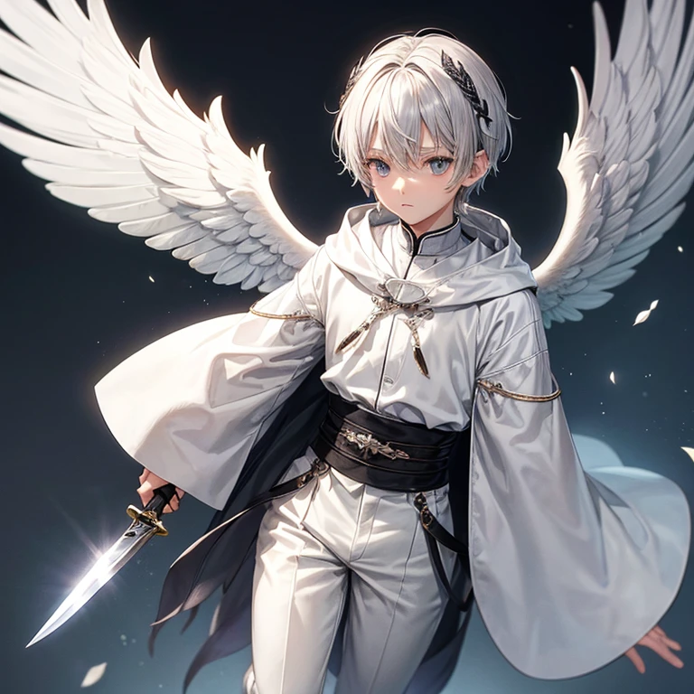 gray hair、child、low length、(male)、neutral face、cloak、hair ornaments、(two white angel wings)、cool、short hair、knife、pants