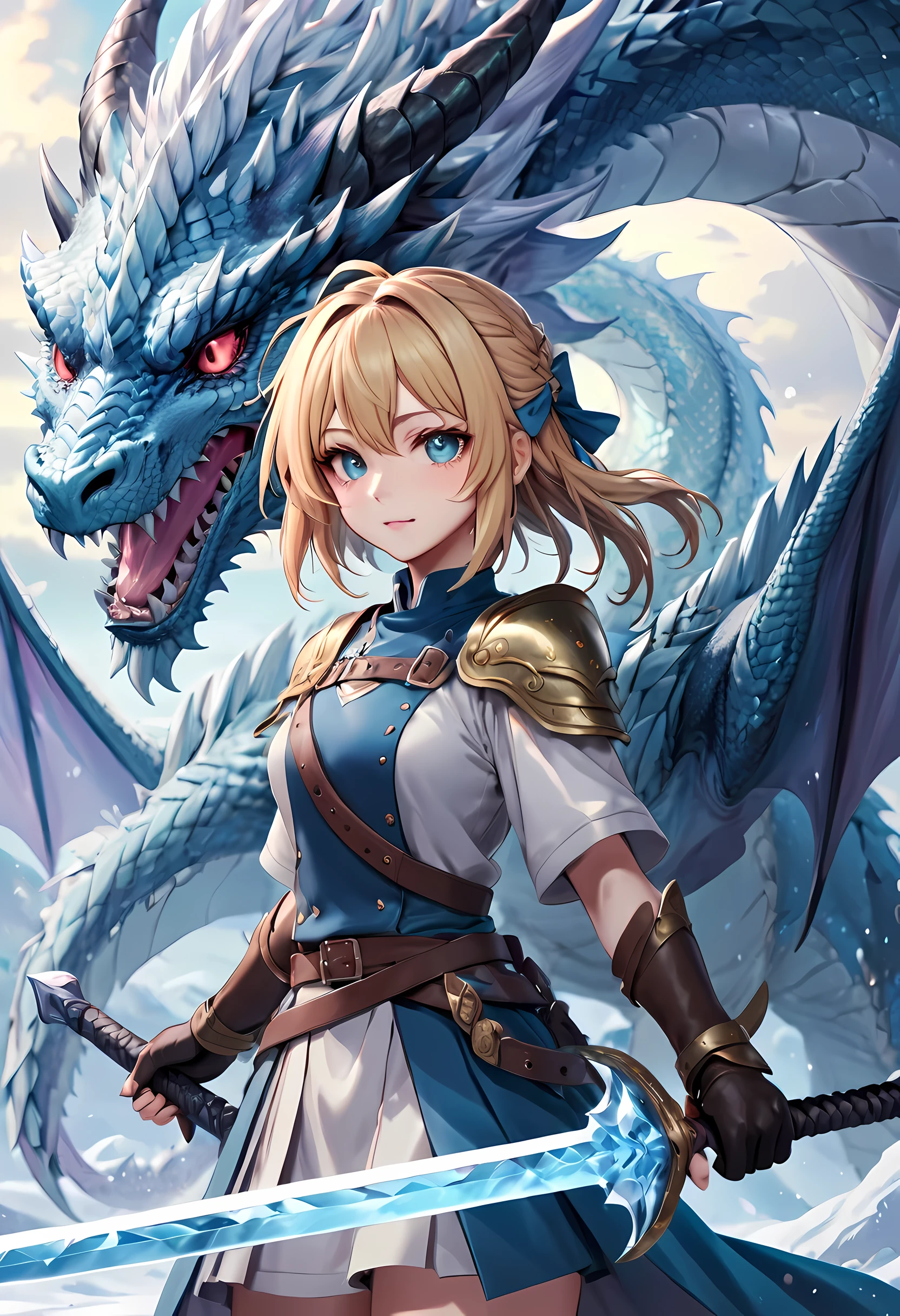 unbeatablemasterpiece,1girl,golden hair,white legendary dragon,top of mountain,blue flame,myth,