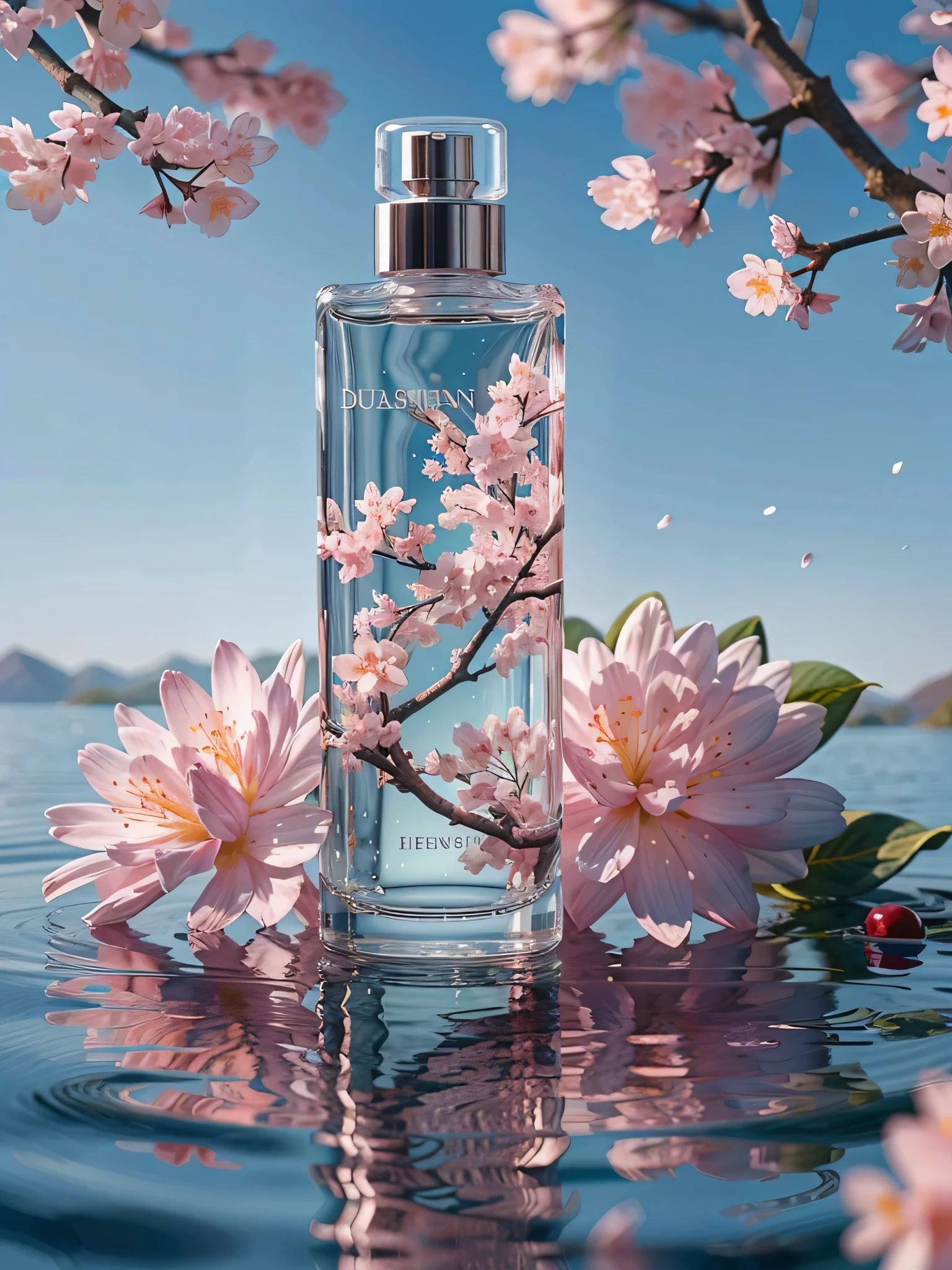 best quality, 4K, 8 thousand, high resolution, masterpiece, very detailed, realistic, mixer, makeup bottle, cherry blossoms wrapped around, Blue sky background, water, sunlight, low perspective, Product Rendering