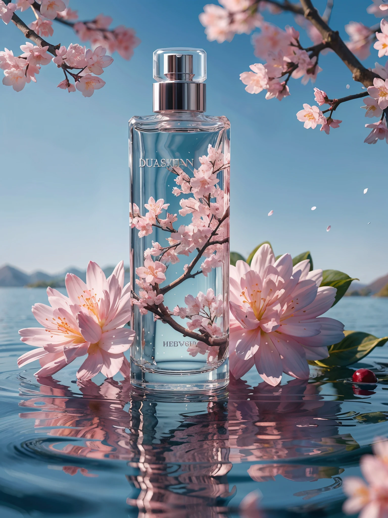 BEST QUALITY, 4K, 8K, HIGH RESOLUTION, MASTERPIECE, ULTRA-DETAILED, PHOTOREALISTIC, BLENDER, MAKEUP BOTTLE, CHERRY BLOSSOM WRAPPED AROUND, BLUE SKY BACKGROUND, WATER, SUNLIGHT, LOW PERSPECTIVE, PRODUCT RENDERING