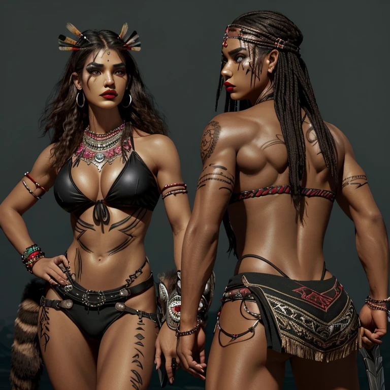 Realistic, 1 guy, high quality, vivid colors, Aztec Native Rogue, intricate details, big tits:1.4, big ass:1.6, muscular build, broad shoulders, pronounced chest, defined abs, detailed muscles, dark skin:1.3, extreme tanning, long, curly black hair, unkempt, beaded necklaces, feather headpiece, piercings, fierce stare, facial paint, bold lip color, statement earrings, holding a carven weapon, smoky environment, dramatic shadows.