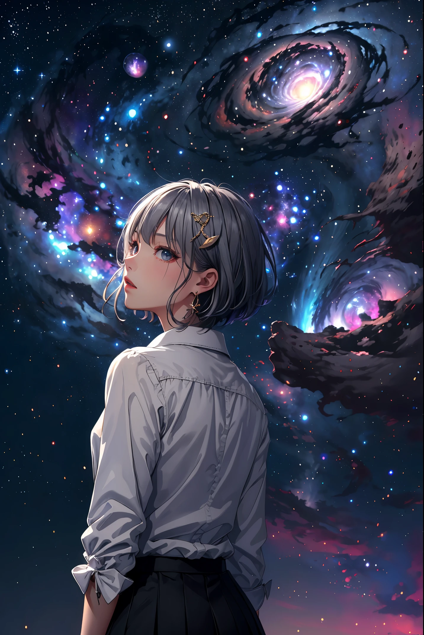 20 year old woman、(masterpiece:1.4)、(highest quality:1.4)、ultra high resolution、high detail、beautiful features、black short bob、earrings、gray hair ornament、black collared long sleeve shirt、black skirt、whole body、rooftop、(Meteors:1.3)、(nebula:1.3)、night、starry sky、look back、back view、deep shadow lighting