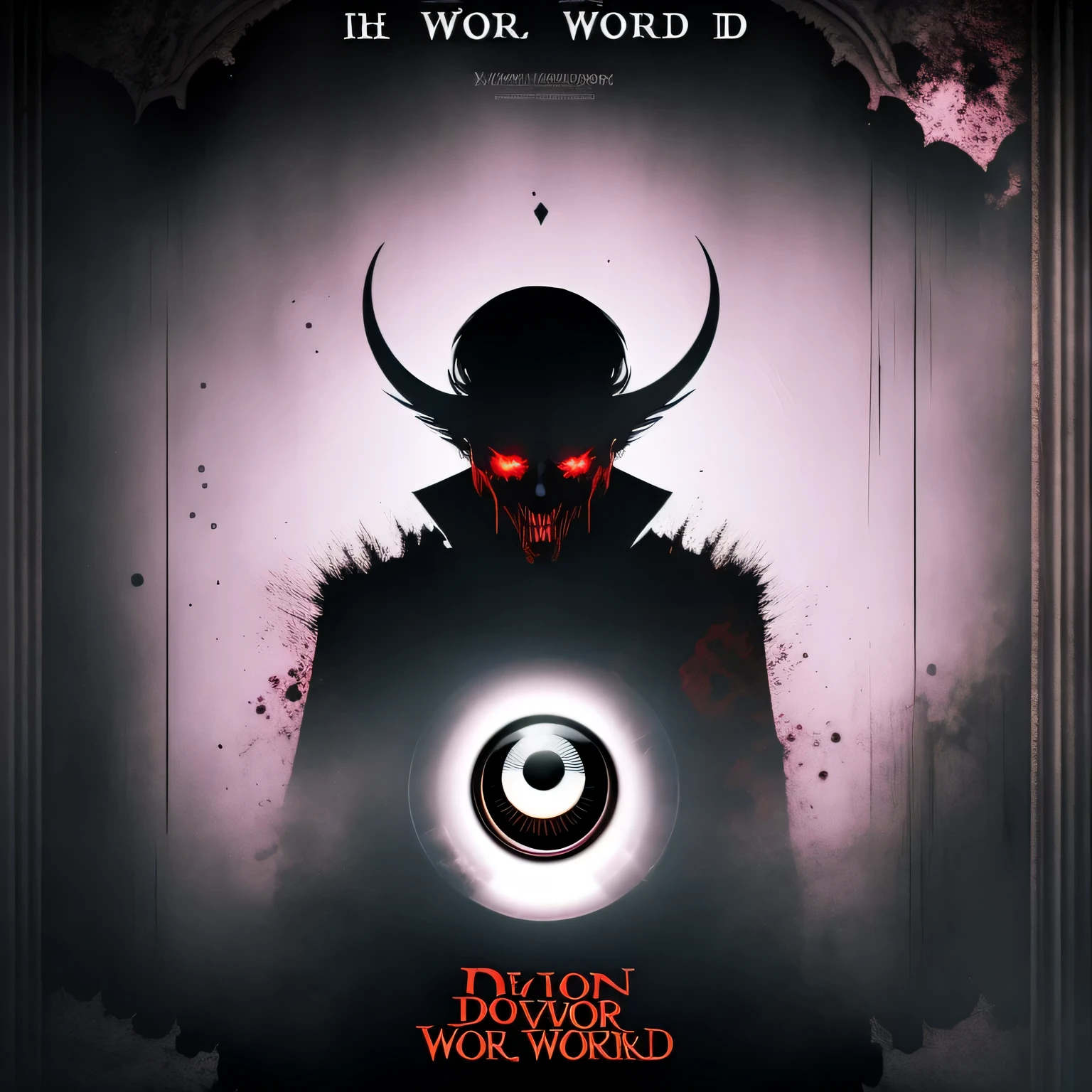 Horror movie poster, with demon world door to our world, with a possessed male character in front of the wall with the door of a scary eye
