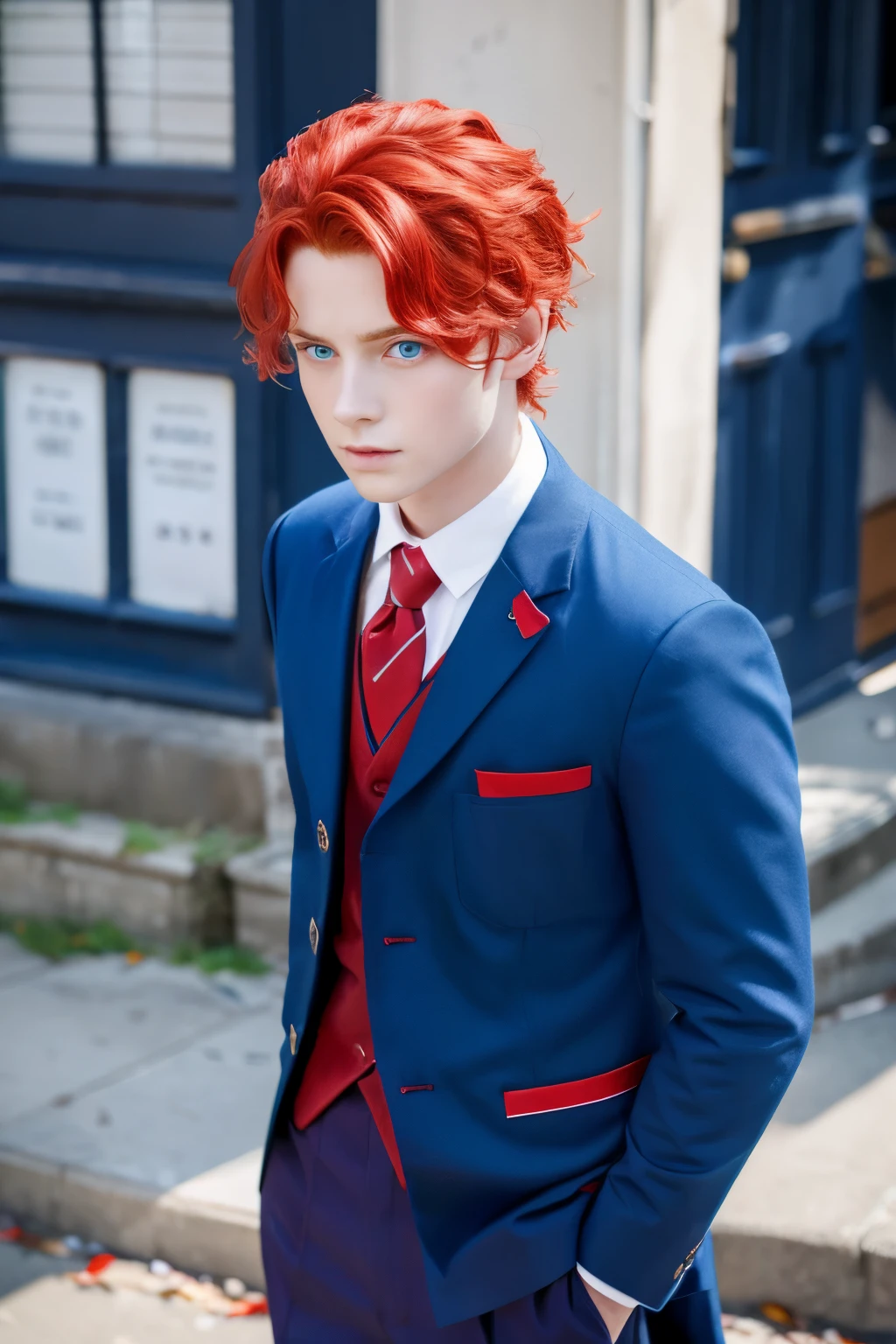 boy blue eyes Red hair The color of the clothes is blue Clothes are like uniforms