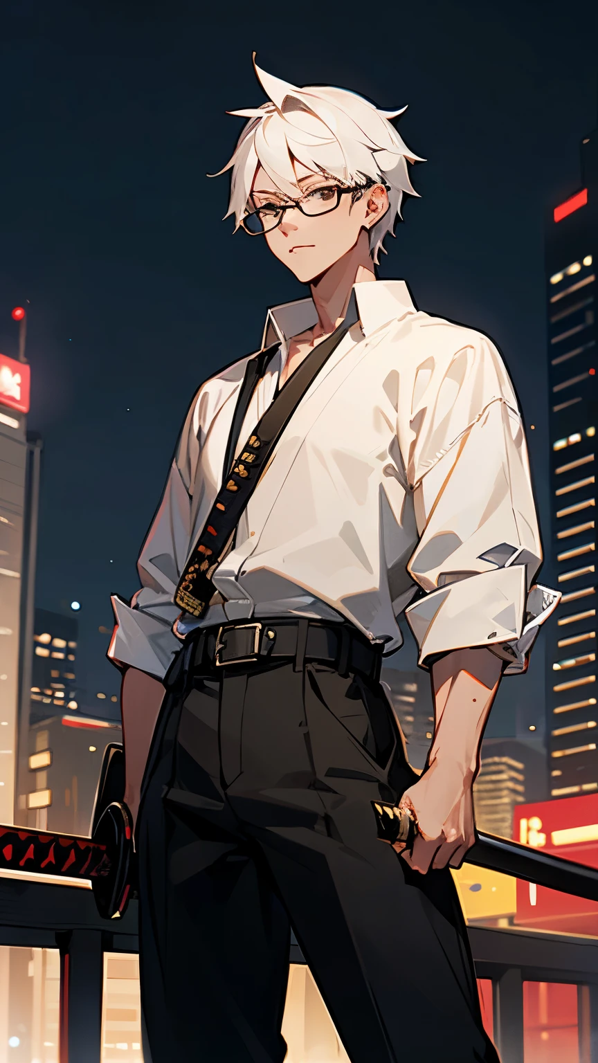 young guy, White hair, Glasses, Katana on the belt, modern city, night
