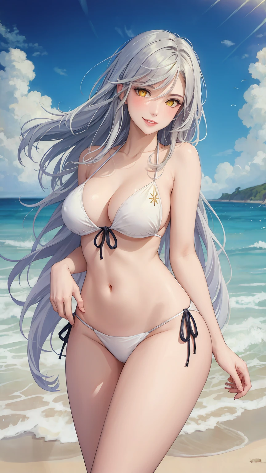 ((((masterpiece, best quality, high resolution)))), (1girl:1.5), ((long hair, silver hair, yellow eyes, sharp eyes)), (big breasts:1.2), blush, (light smile, parted lips), glow, thighs, bare shoulders, collarbone, narrow waist, (slender body figure), (beautiful detailed face, beautiful detailed eyes), ((white side-tie bikini)), (standing up), looking at viewer, beach, seaside