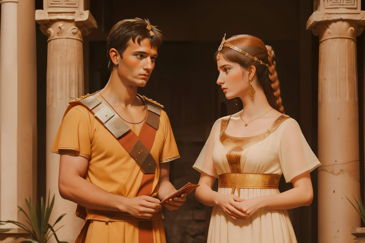 Rome, 77 BC. A young ((((23-year-old)) Gaius Julius Caesar)), standing in the atrium, with his wife Cornelia, thinking about the proposal he just received. ((((casual roman clothings from the 1st century BC)))) ((ancient rome hairstyle))