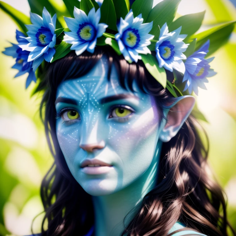 avtr:1.1, avatar style, portrait:1.6, 1girl, female, (blue skin tone:1.0), (long hair:1.0), one pair of pointy ears:1, long hairstyle, dark brown hair color, wearing a flower crown:1, 18 years old:1, face wrinkles, wearing tribal clothing, wearing a top, detailed eyes, toned body, muscled body, glowing, ethereal atmosphere, dreamy lighting, textured skin, otherworldly beauty, mesmerizing photography, (best quality, highres), ultrarealistic, skin details, striped skin, sfw, ultradetailed body