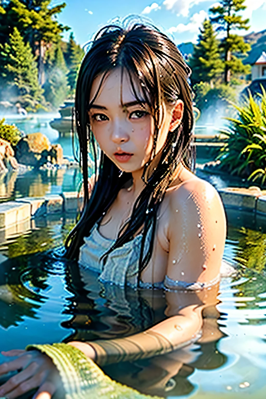 (Masterpiece), (Best Quality:1.4), absurdress, [:intricate details:0.2], 1girl, (naked towel), (geyser, onsen:1.2), moist skin, (mist:1.2), mist, sparkly skin, glossy skin, (partially submerged in the onsen:1.2), (wet hair:1.2), mist, Wet, moisture,