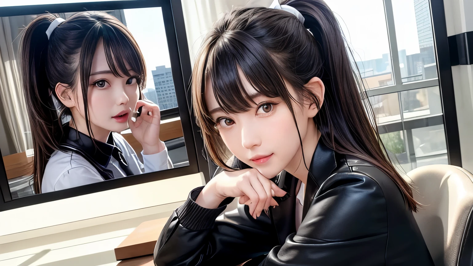 (full body photo:1.4)、From the side、 (Raw photo:1.2)、(Photoreal:1.4)、(masterpiece:1.3)、(highest quality:1.4)、dream-like、(detailed eye)、(detailed facial features)、(Detailed clothing characteristics)、skin tightening、(shiny skin)、(slender girl)、(slim girl)、one girl、28 years old、secretary、career woman、(((ponytail hair with bangs、black hair、black eye、Big eyes、There is a distance between the eyes、drooping eyes、big and full breasts、look at the viewer、beautiful、Please show your ears、long neck、A big smile、Mouth closed and serious expression)))、ideal body proportions、insincere smile、cute、happy smile、28 years oldの日本の女性、Beautiful leg form、デスクのパソコンでkeyboardを入力している、looking at viewer in front、
Office Casual、small necklace、Large office background、Features contemporary design furnishings, including armchairs upholstered in black and gray leather, tempered glass coffee tables with chrome bases, a solid wood meeting table with black leather chairs,There are large windows、You can see skyscrapers outside the window、daytime、sunny、Computer screen,parse,data parse,keyboard,Multiple monitors,powerful,stylish,high end technology,Contemporary lighting,A clutter-free workspace、Computer on desk、