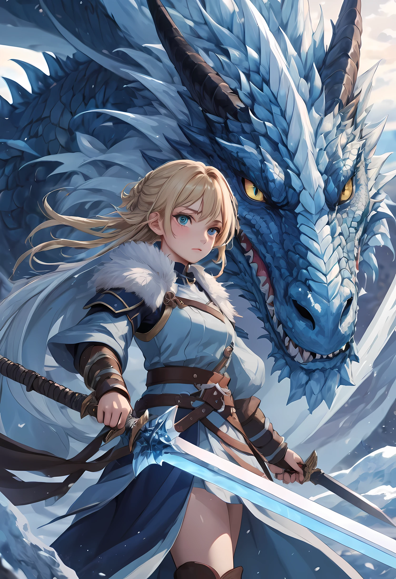 best quality,masterpiece,(Very detailed:1.2),(perfect face:1.3),拿着冰frost sword的漂亮女孩, with ice dragon,Valkyrie in the Art of Demon-Slaying,High-quality animation illustrations,Human and dragon fusion, Anime Fantasy Illustration, fantasy style anime, (giant ice dragon),dragon god,Ice blade,frost sword,Epic Anime Fantasy, anime fantasy artwork, Artoria Pendragon, Demon Slayer: Rui fan art, Detailed digital animation art, Digital animation illustration, Detailed key animation art, Epic light novel art cover, Detailed anime art,  Caricature wallpaper, dragon girl, epic anime style, 2.5D CGI Art,granblue fantasy,Ark Night