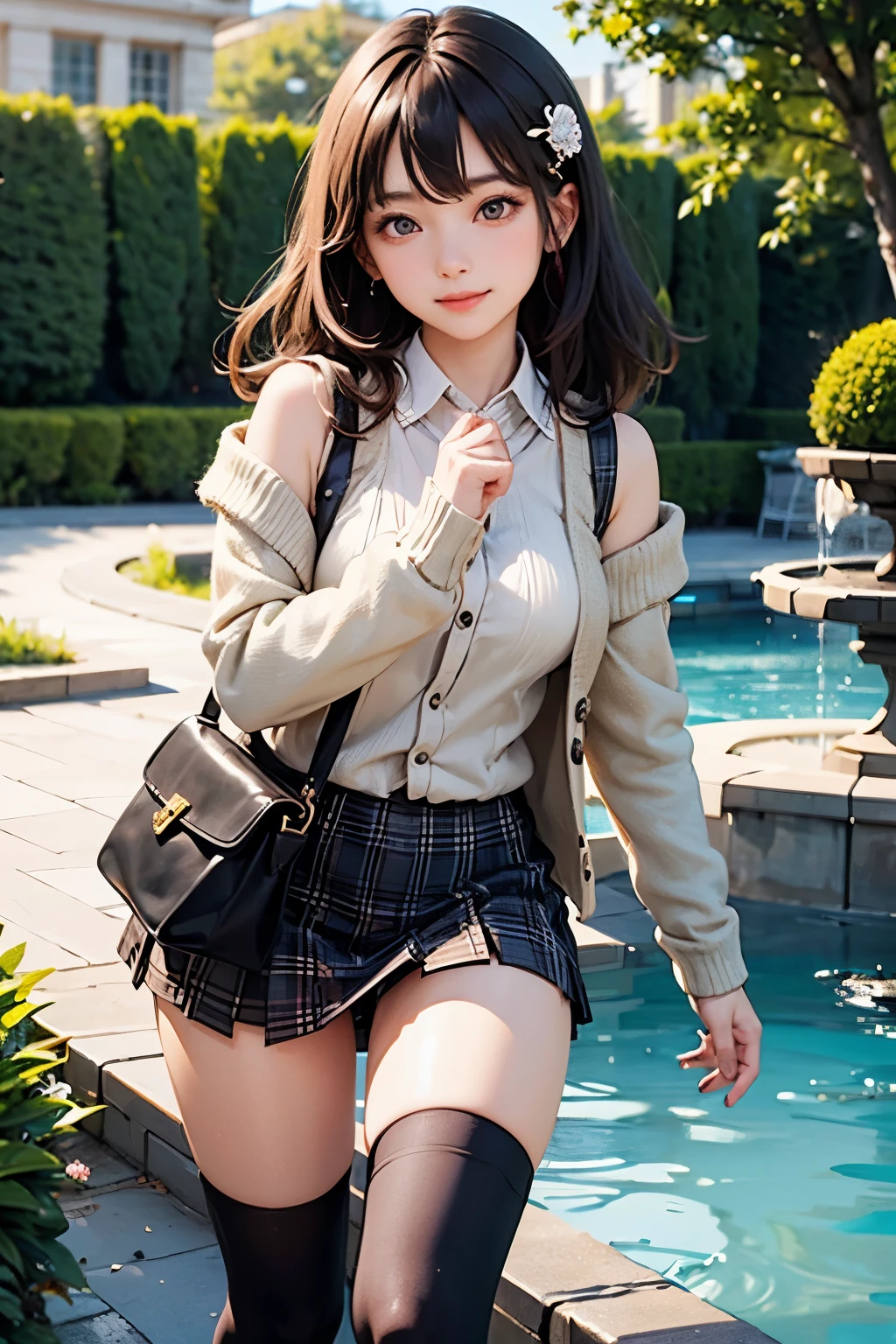 ultra highres,(reality: 1.4),highest quality, masterpiece, high detail, 16K quality, beautiful, 1 beautiful girl,japanese,super beautiful face,baby face,japanese idol face,cute face,super detailed face,detailed hand,beautiful skin,sweaty skin,big eyes,smile,profeccional lighting,medium hair,brown hair,brown beautiful eyes, naked on shite shirt,open shirt,bare breasts,checked skirt,skirt lift,standing,spread legs,(((showing pussy))),(detailed pussy),medium breasts,black high socks,she is looking at the camera,pool side,nsfw,from below,