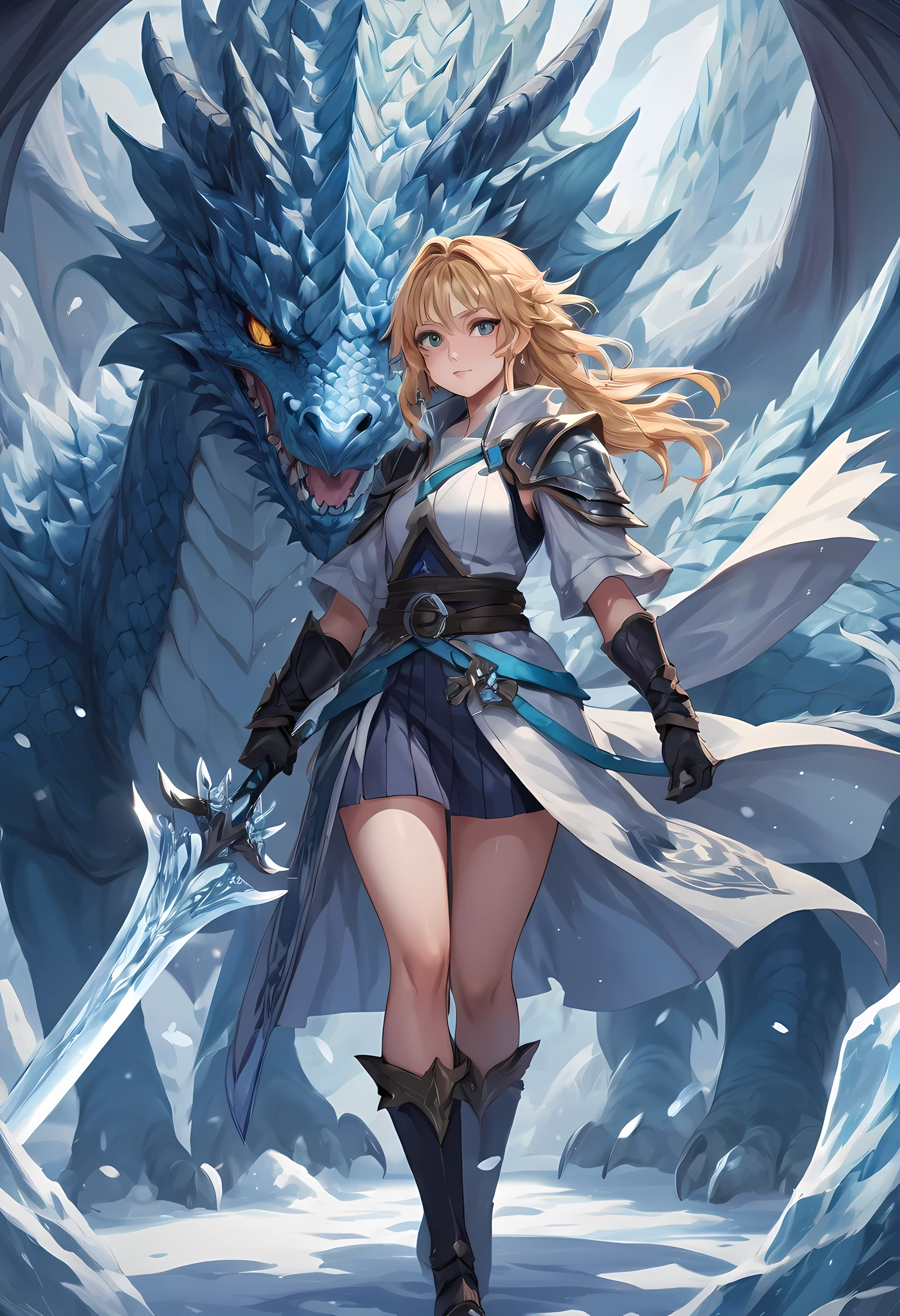 best quality,masterpiece,(Very detailed:1.2),(perfect face:1.3),拿着冰frost sword的漂亮女孩, with ice dragon,Valkyrie in the Art of Demon-Slaying,High-quality animation illustrations,Human and dragon fusion, Anime Fantasy Illustration, fantasy style anime, (giant ice dragon),dragon god,Ice blade,frost sword,Epic Anime Fantasy, anime fantasy artwork, Artoria Pendragon, Demon Slayer: Rui fan art, Detailed digital animation art, Digital animation illustration, Detailed key animation art, Epic light novel art cover, Detailed anime art, Caricature wallpaper, dragon girl, epic anime style, 2.5D CGI Art,granblue fantasy,Ark Night