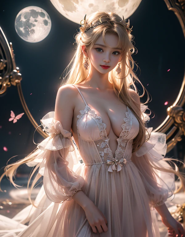 masterpiece，Highest image quality，Super details，best quality ,extremely delicate and beautiful, Very detailed,best quality, official art, Extremely detailed CG unified 8k wallpaper, portrait photo, The most beautiful look，Blonde hair with black pupils，Radiant skin and radiant eyes, beautiful skin,(detailed lighting:1.2), (Beautiful and detailed light:1.3), deep understanding, beautiful nude color, complex, number, Smooth, sharp focus, end of the world, epic reality,looking at camera， (high dynamic range:1.4),face camera， (pastel colors:1.4), beautiful big breasts，end of the world的, give up, neutral color, night, screen space refraction, (intricate details, Super detailed:1.3), art station, lens, vignette, complex background, buliding，charming smile，Blushed，Shy，detailed background，Dreamcatcher earrings，sexy and sultry，（Obscenity exposed，camel toe，Combing thick hair，），The sexiest look，Bright Eyes，半transparent，lace，transparent，hollow，Black Butterfly Ruolan Moon Shadow Peach Milk Tea Smooth Velvet Versailles Ultra-Thin Dress，