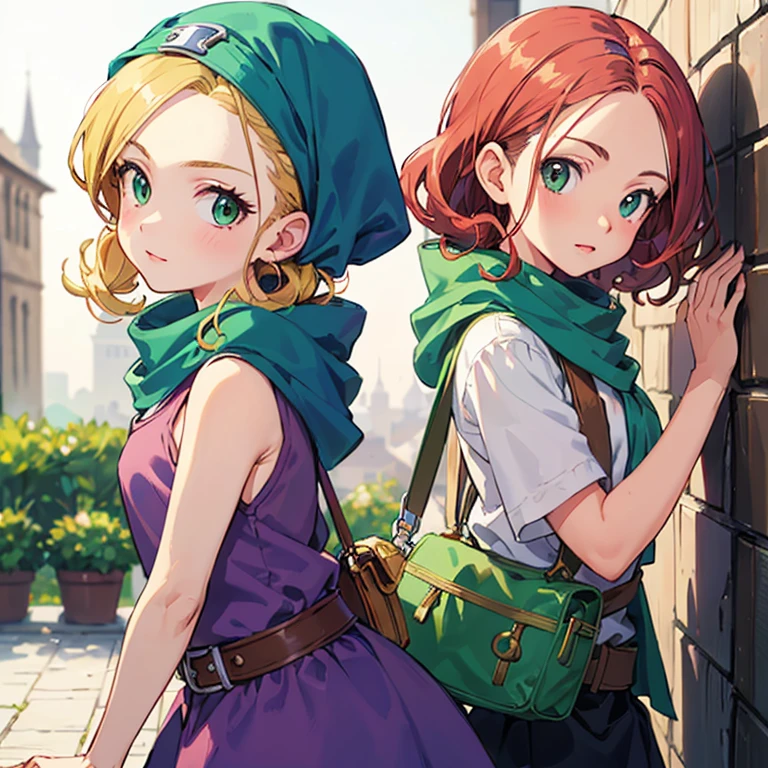 ((Maribel)),Maribel in ''dq7'',((dragon quest vii)),1girl,curly hair,dress,green eyes,head scarf,hood,long hair,red hair,