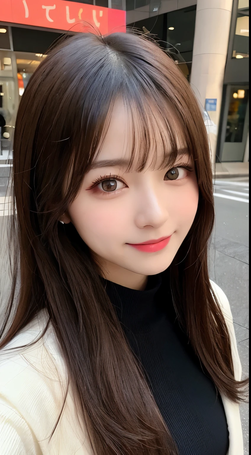 table top, highest quality, shape, Super detailed, finely, High resolution, 8k wallpaper, 完璧なダイナミックな構shape, beautiful and detailed eyes, Gorgeous and stylish black fluffy latest Tokyo winter clothes,ランダムなcute髪,small breasts,natural color lip, bold sexy pose,smile、20 year old girl、cute、sexy shot looking at camera,Always blur the background,perfect and beautiful face,Take only the face,beautiful and detailed face、slim face and style,Big eyes、Do gal makeup