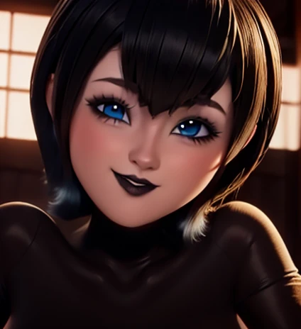 Anime girl Gothic makeup short hair bob style blue eyes pale skin thick voluminous lips beautiful sensual smile and looking at viewer 8k detailed perfect nudes big tits and pussy awesome body display 