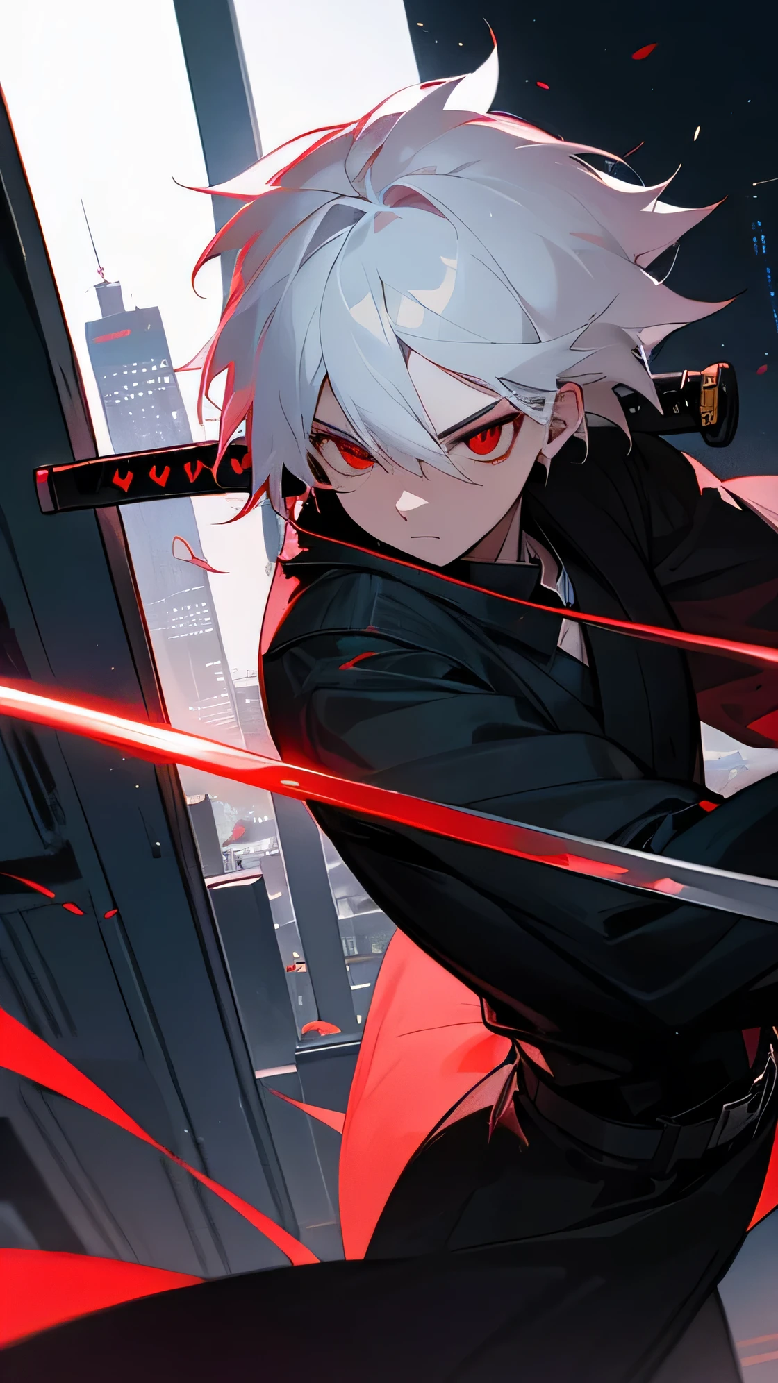 boy, Red eyes, White hair, Katana, modern city, night
