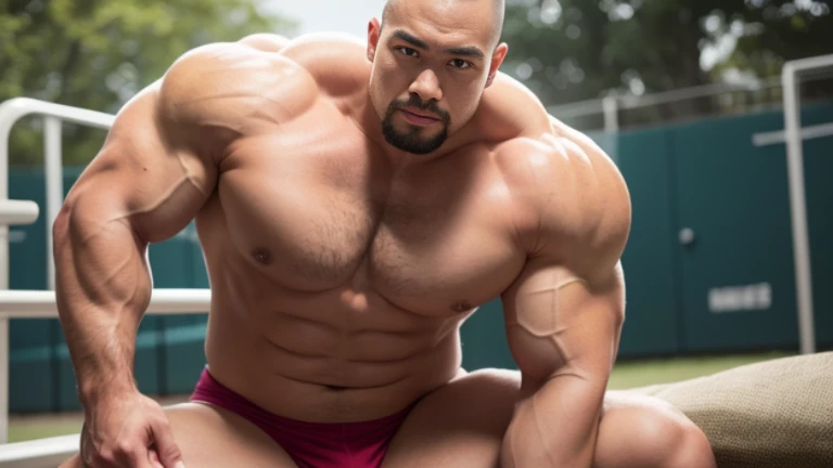 (Highly detailed 8K wallpaper), asian man, muscle worship, fold your arms, On the playground, baseball uniform, high detail, very short hair, skin head, Circular cut, very large and strong body, bulging muscles, muscular, very large pectoral muscles. Very sexy abs, legs are muscular, Toned figure, brightens oily skin, muscular, Tank top, T-shirt, long shot, wide shot