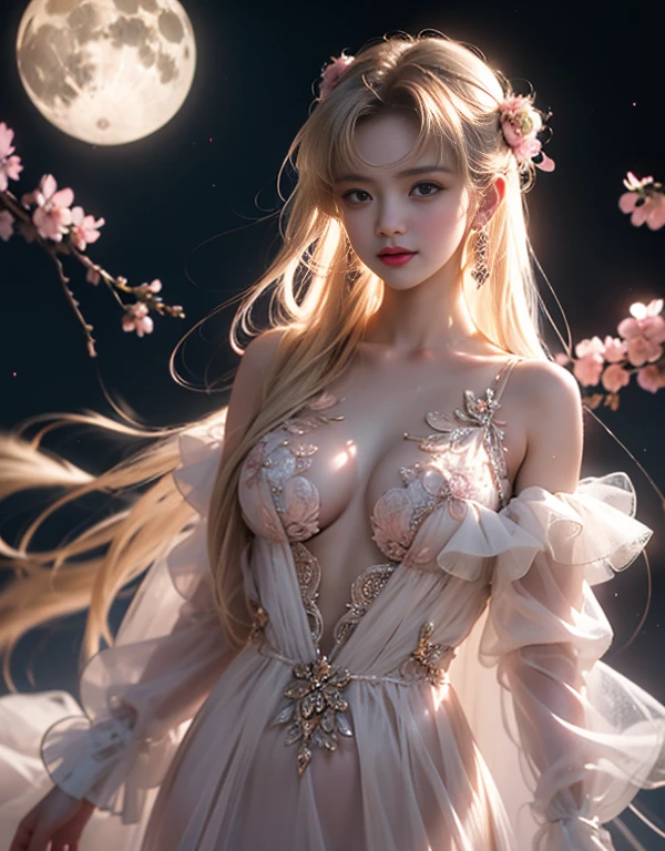 masterpiece,Highest image quality,Super details,best quality ,extremely delicate and beautiful, Very detailed,best quality, official art, Extremely detailed CG unified 8k wallpaper, portrait photo, The most beautiful look,Blonde hair with black pupils,Radiant skin and radiant eyes, beautiful skin,(detailed lighting:1.2), (Beautiful and detailed light:1.3), deep understanding, beautiful nude color, complex, number, Smooth, sharp focus, end of the world, epic reality,looking at camera, (high dynamic range:1.4),face camera, (pastel colors:1.4), beautiful big breasts,end of the world的, give up, neutral color, night, screen space refraction, (intricate details, Super detailed:1.3), art station, lens, vignette, complex background, buliding,charming smile,Blushed,Shy,detailed background,Dreamcatcher earrings,sexy and sultry,(Obscenity exposed,camel toe,Combing thick hair,),The sexiest look,Bright Eyes,半transparent,lace,transparent,hollow,Black Butterfly Ruolan Moon Shadow Peach Milk Tea Smooth Velvet Versailles Ultra-Thin Dress,Pink dress,