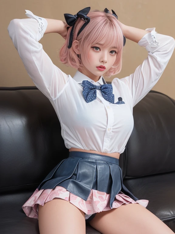 (best quality, 8k, highres, photorealistic:2.0), (solo, one girl:2.0),(lighting: strong),(lighting: front),(very muscular girl:2.0),(bodybuilder girl:1.5),(shiny skin:1.5),(short hair:1.5),(pink ash hair color:1.5),(Open your bent legs to the limit:1.5),(raise both arms behind your head:1.5),(black loafers:1.5),((school uniform)),(white collar shirt),(long sleeve shirt:1.1),tight shirt,((ribbon bow tie:1.1)),(white socks),((blue pleated skirt)),((blue skirt)),((Wearing cute patterned )),ecstasy(Girl leaning on an old leather sofa)), very beautiful girl, Blush brown makeup