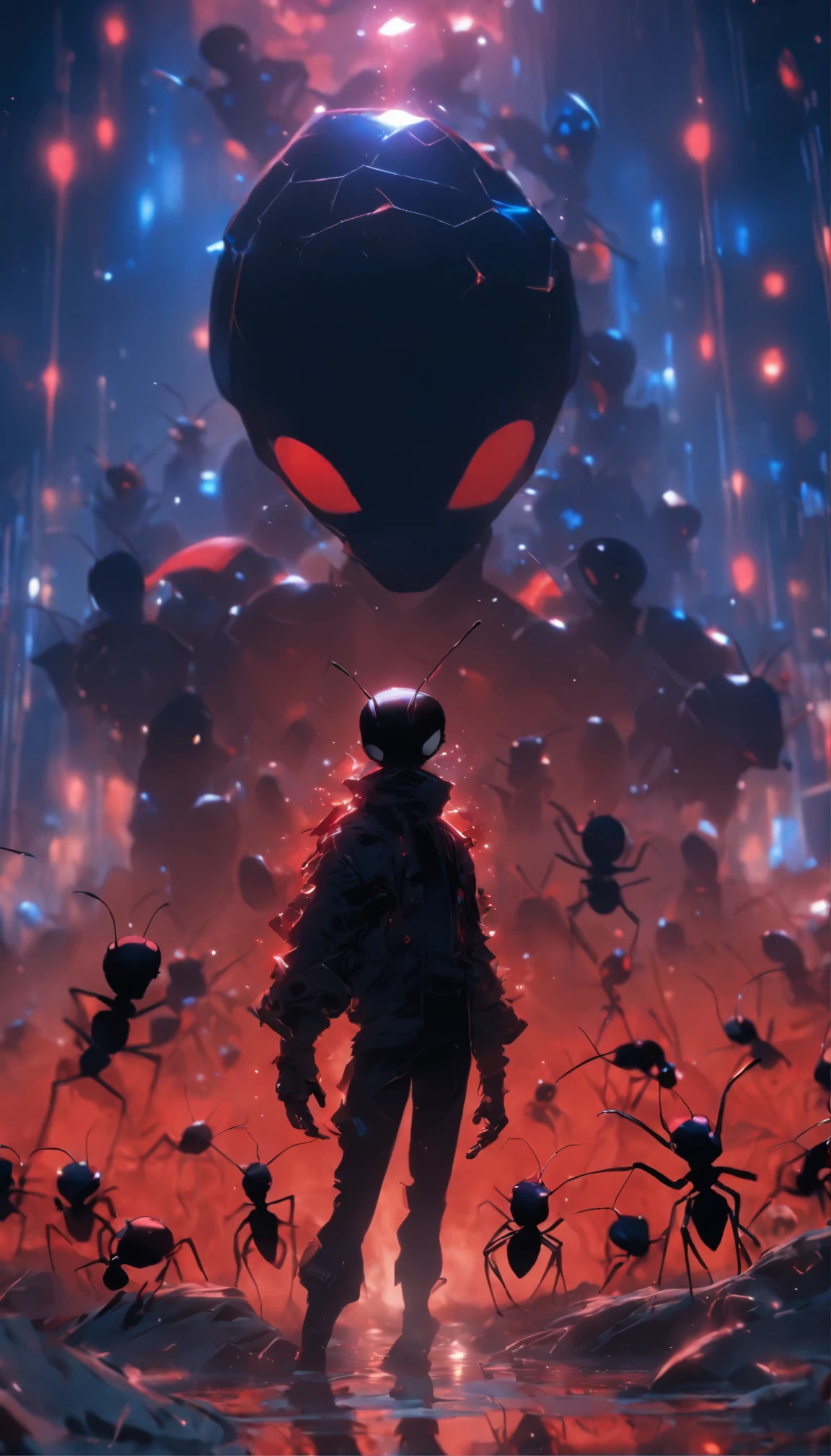black and red ants in transparent jar, A man shake the jar, A shadow shaped like a walker, Starry night, Thick fog on the ground, Blue light on the horizon, Unreal Engine 5, Cinematic, low angle photography, Motion blur, Depth of field, Dust, Cobblestones and dirt. Splash Art, dripping paint. Perfect color grading. Full of dramatic and threatening scenes, Hyper-detailed, Beautiful, insanely details, shot with a 50mm lens, Depth of field, Tilt Blur, Shutter speed 1/1000, f/22. Lightmaps, Super bright, Red ends will believe black is the enemy. While black ants believe red is the enemy. But the real enemy is the person who shook the jar.