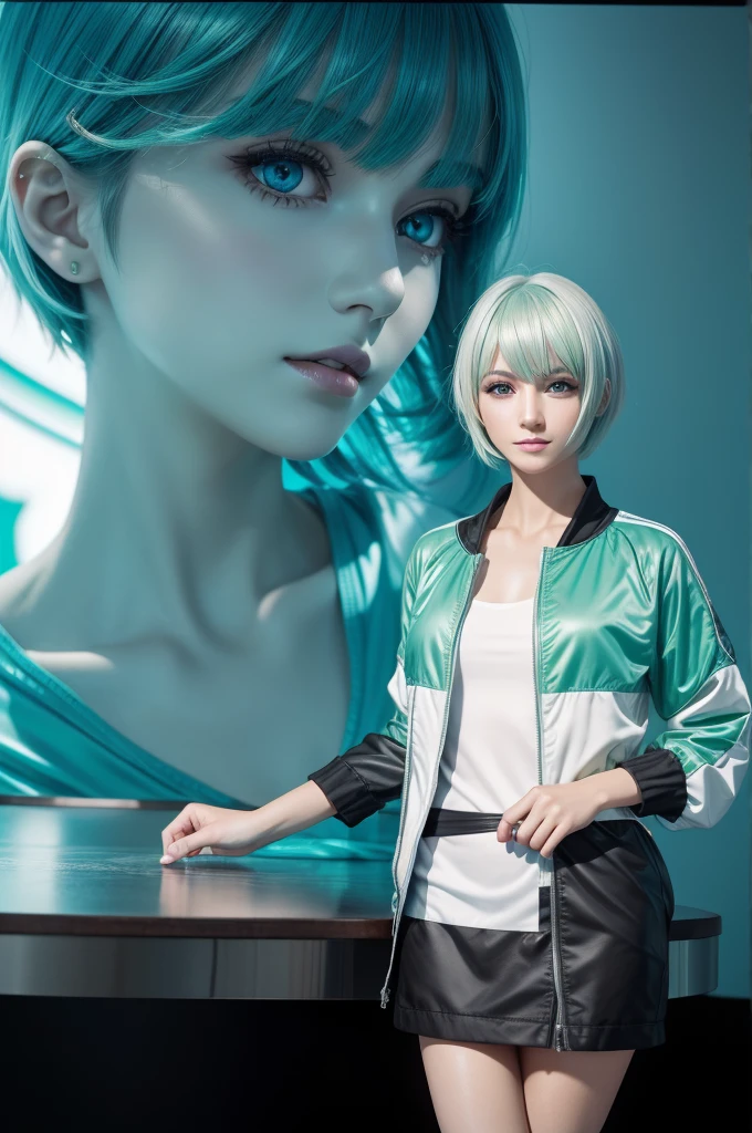 short hair、laughter、short hair,green hair,Emerald hair,beautiful bangs、40 years、Shining white skin、know、Flow of hair that extends to the face、bangs between eyeliner hair、High resolutionの目の美しさ, Bright and clear, Big light blue eyes shine charmingly、green one piece、white jacket、eyeliner、(Ultra Real), (figure), (High resolution), (In 8K), (very detailed), (Best figure), (Beautiful quality with attention to detail), (super detailed), (table top), (wallpaper), (detailed face), drooling eyes,upper body up, alone,
