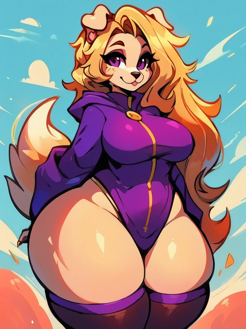 1 girl, furry, Anthro, Canine, domestic dog, blonde dog, anthropamorphic dog, violet eyes, blep, coffeesoda art style, e621, Fantazy adventurer, blonde body, blonde hair, long hair, blonde fur, purple clothing. Big butt, big thighs, long blonde tail, black sclera