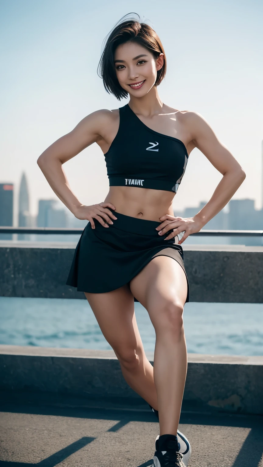 Wearing a black sports skirt,Female fitness blogger,shoulder-length short hair,hyper-realistic avatar,Live online,full-body shot,Look ahead,Smile,Refined face,asian women,stand up straight