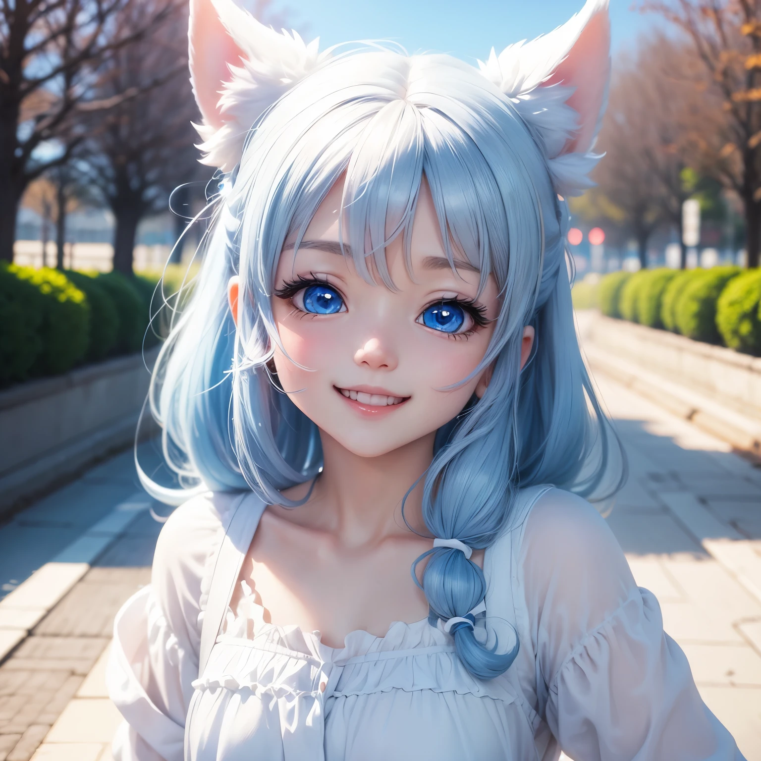 very cute anime ai puppy, White, blue eyes, beautiful background. Laughter、