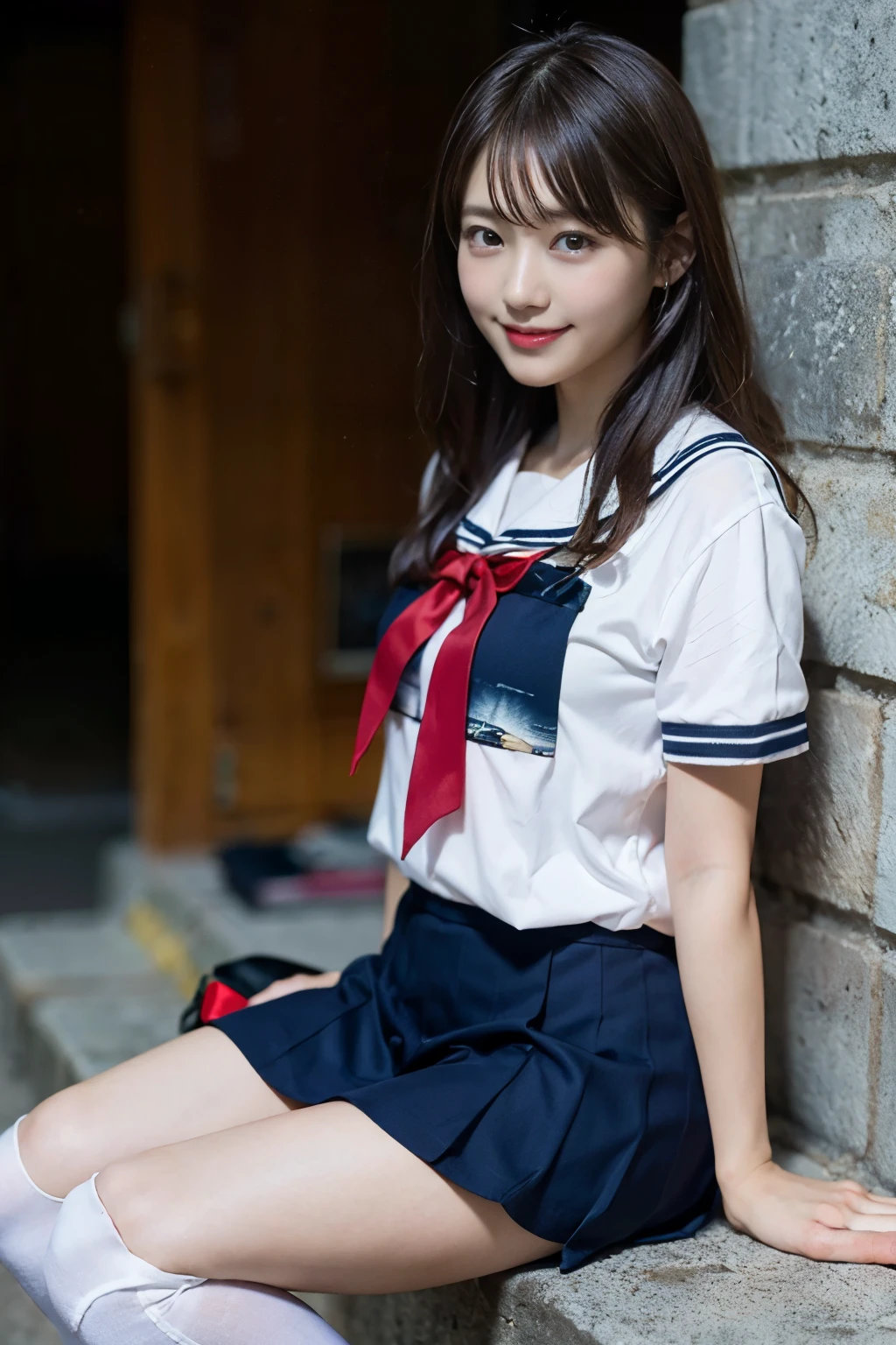 (8K、Raw photography、top-quality、masterpiece:1.2)、(realisitic、Photorealsitic:1.37)、ultra-detailliert、超A high resolution、1人、see the beholder、beautifull detailed face、A smile、Constriction、(Slim waist) :1.3)、Beautiful detailed skin、Skin Texture、Floating hair、Professional Lighting、Whole human body、Longhaire、a blond、japanese hight school uniform、a sailor suit、Bob Hair、E-cup、Happy smile、sixteen years old、Red ribbons、a baby face、Childish smile、Suppin、Moisturizing lips、Thin pink lips、Dark blue skirt、Dark blue knee-high socks、white thighhig、Healthy body、full bodyesbian