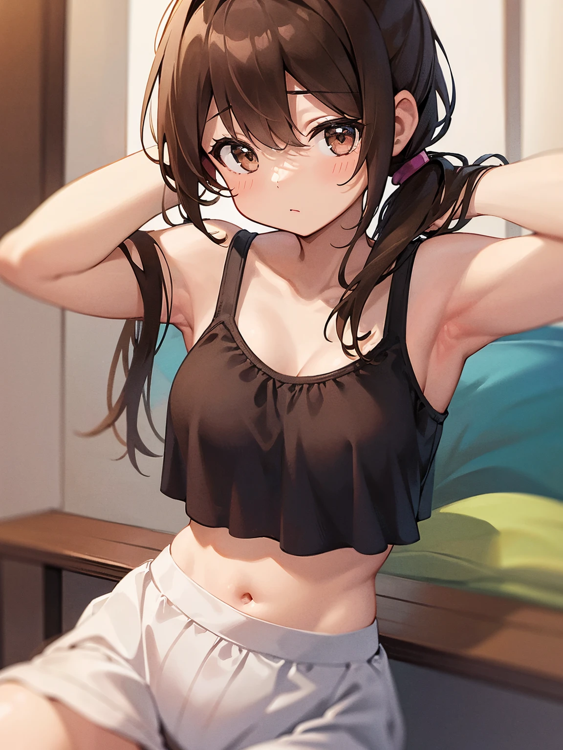 ((Masterpiece, best quality, high quality, highly detailed background)), ((hotel bedroom, indoor, amusement park big window background, blue sky)), ((SentoIsuzu, brown hair, brown eyes, long hair, antenna hair, ponytail, hair bow)), ((large breasts, white lace bra)), ((cowboy shot, (sexy pose), standing in front of the bed, facing the viewer, looking at viewer, shy, blushing, open mouth))
