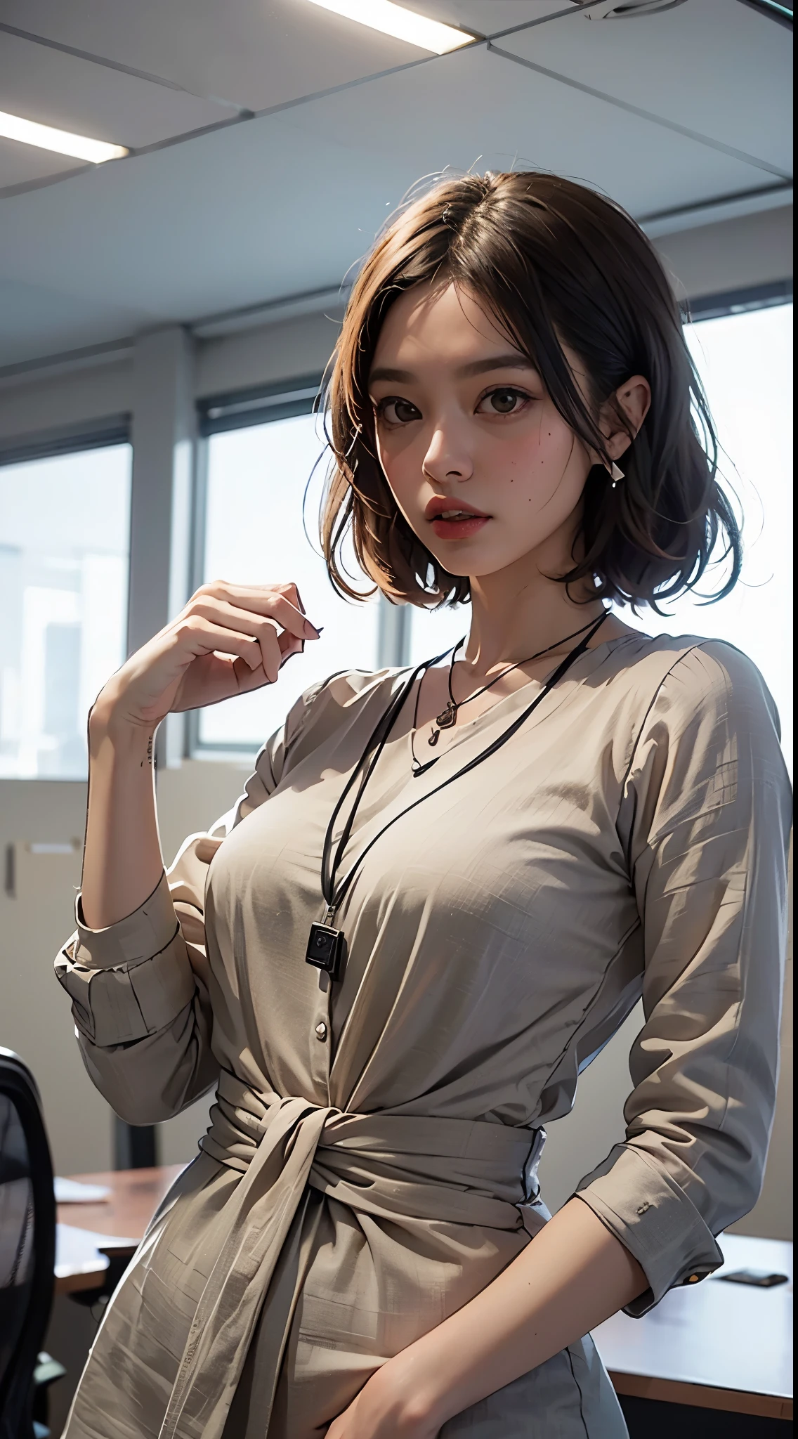 tmasterpiece, Excellent, (office room: 1.8), Ultra-high-detail CG drawings, Permanent, 1 royal sisters, Angry, Woman with short tan hair, tiered dress, Cross your hands at your waist, face to the viewer, illustratio, Wide-angle panorama