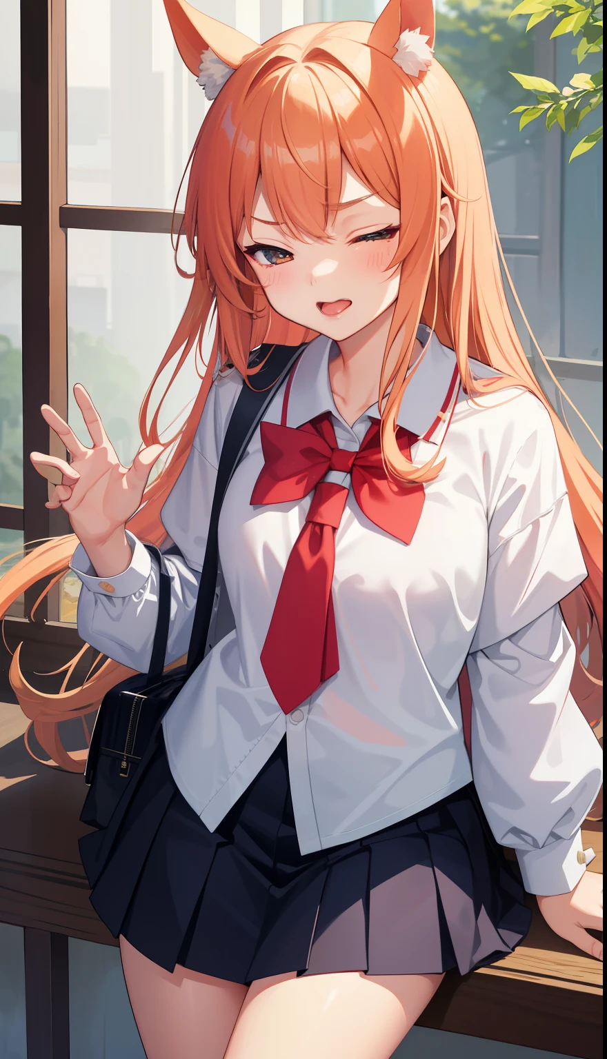 1girl in、AS-Adult、glad、But、angry、one eye closed、put out the tongue、(Tsundere)、The shirt、skirt by the、(small tits)Chilarism、Japan High School Student Uniform、serafuku、summer clothing、(Sheer Bra)、Upper body portrait、horse ear(Uma Musume)、