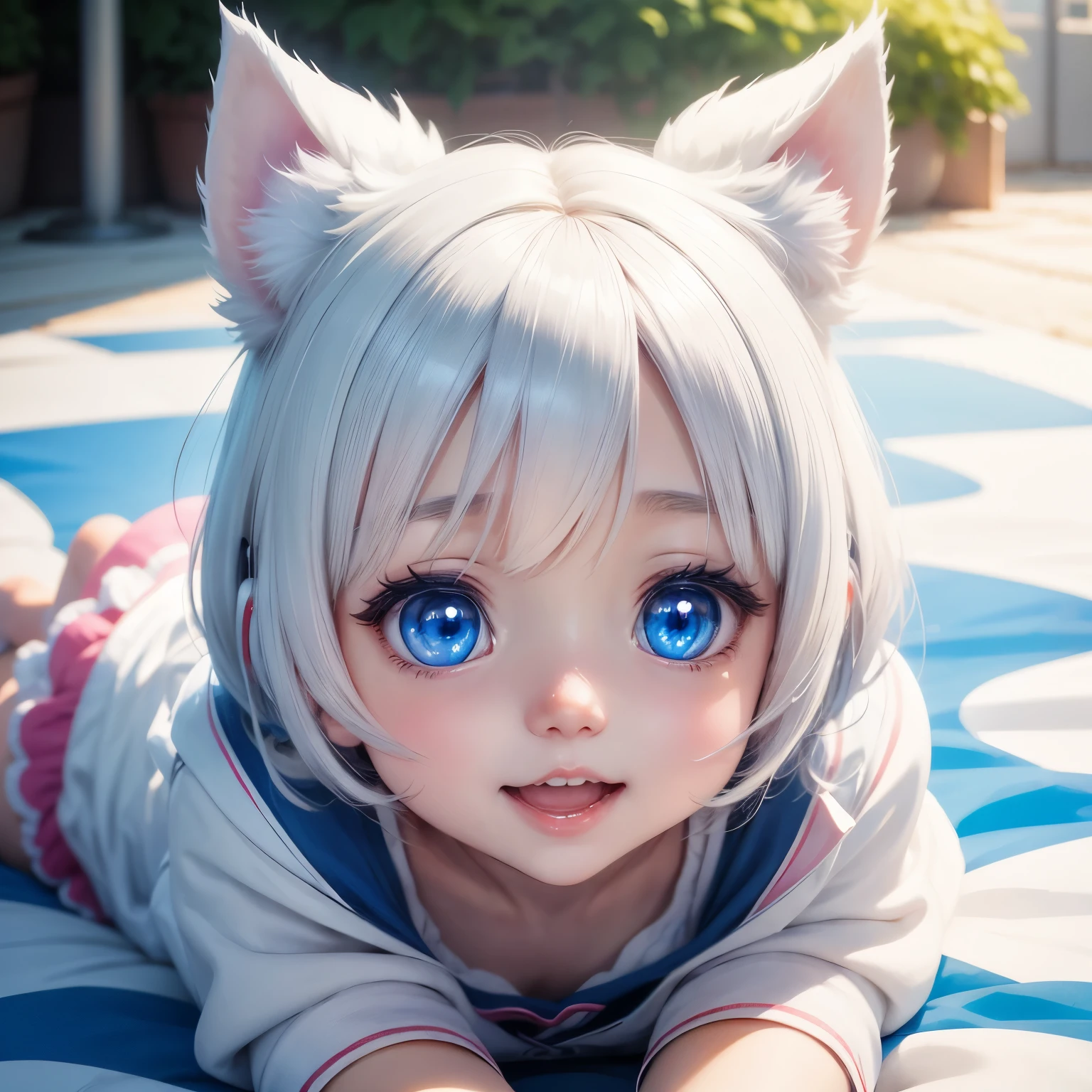 very cute anime ai puppy, White, blue eyes, beautiful background. Laughter、