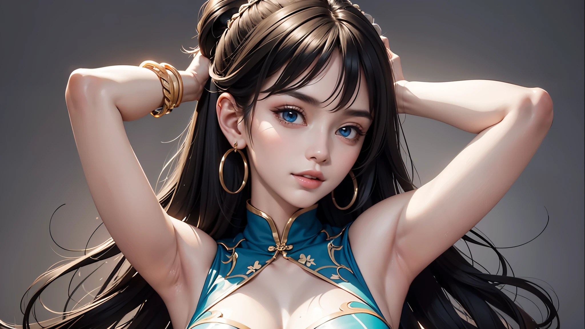 (masterpiece, best quality, highest detailed), highly detailed, cute face, most beautiful in the world, long dark hair, Portrait, (huge ), sky blue Chinese dress sleeveless, sexy figure, sexy pose, seductive body, 