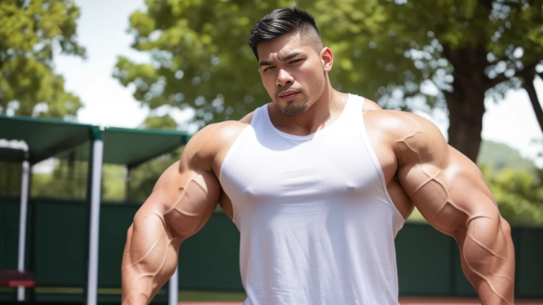 (Highly detailed 8K wallpaper), asian man, muscle worship, fold your arms, On the playground, baseball uniform, high detail, very short hair, skin head, Circular cut, very large and strong body, bulging muscles, muscular, very large pectoral muscles. Very sexy abs, legs are muscular, Toned figure, brightens oily skin, muscular, Tank top, T-shirt, long shot, wide shot