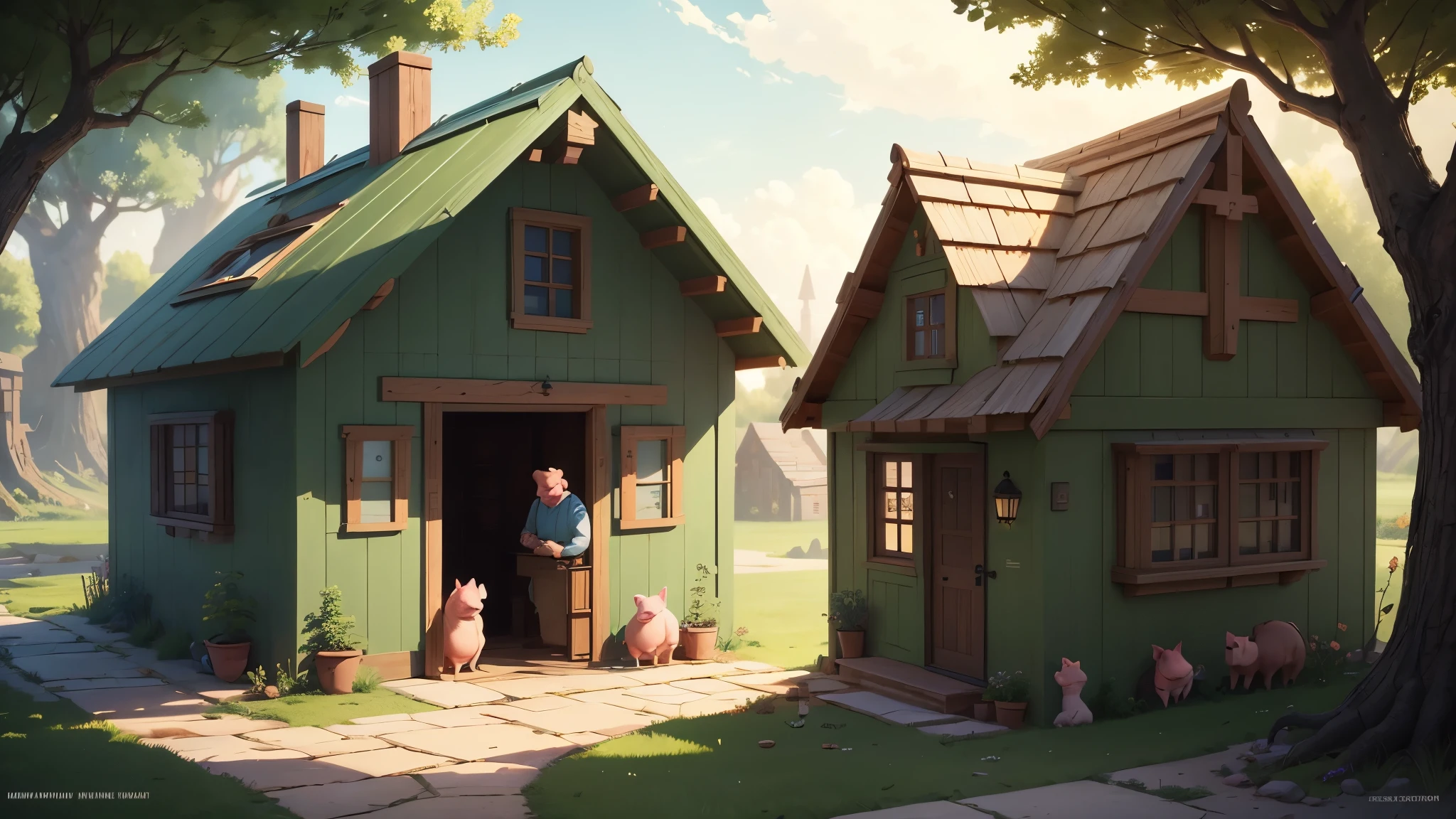 In the whimsical land of enchantment, where the story of "The Three Little Pigs: The Beginning of the Adventure" unfolds, a captivating scene unfolds. Three young piglets, Practical, Smart, and Dreamy, stand together, brimming with excitement as they plan their unique abodes.
Practical, a small, round piglet with a thoughtful expression and a satchel of building supplies slung over his back, studies a blueprint with great intensity. He ponders how best to construct a sturdy home that can withstand any weather. Smart, an agile, sleek piglet with glasses, eagerly takes notes on advanced building techniques,