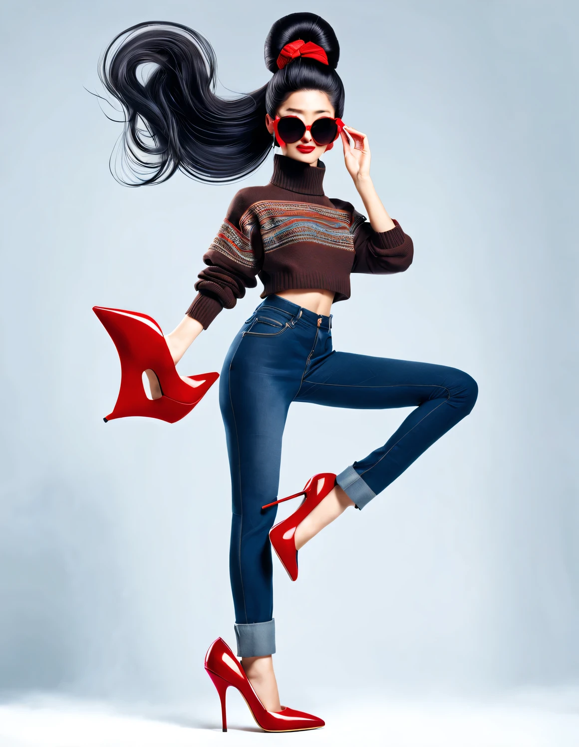 (Modern art fashion character design), Very unified CG, (Half-length close-up), Snowy background,
(A beautiful Chinese girl holds a big fruit basket and smiles gently), (An exaggerated red wide woolen scarf covered half of her face: 1.1), (Wearing large sunglasses，Comb your hair in a bun: 1.2), Harmonious combination of classic and modern, (Dark blue sweater), Girl fair and flawless smooth skin, high nose bridge, Raised pose, sad yet beautiful, slender figure, Exquisite facial features, swirling fog illustration, ink painting, black hair, meatball, Proud, Surrealism, contemporary art photography, action painting illustration, abstract expressionism, Pixar, depth of field, motion blur, backlight, radiation, decline, Head up angle, Sony FE General Manager, ultra high definition, masterpiece, accurate, textured skin, Super details, high detail, high quality, Award-winning, best quality, Level, 16k, Photographed from a bottom-up perspective, interesting,