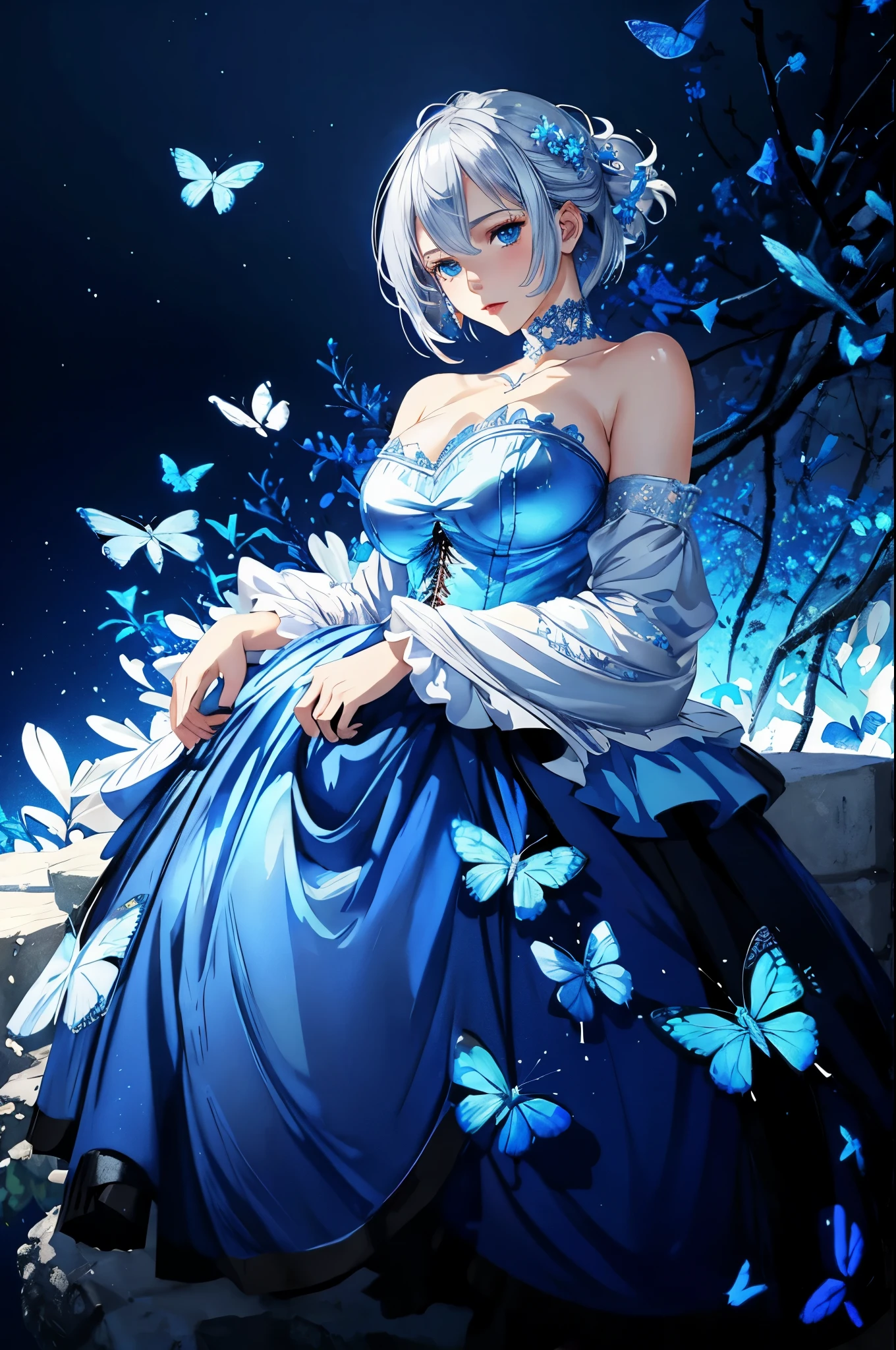 White and Blue theme、(masterpiece:1.4)、(highest quality:1.4)、ultra high resolution、beautiful features、20 year old woman、Silver-haired short bob、one piece、(huge breasts:1.1)、red face、sad expression、many blue butterflies、natural lighting