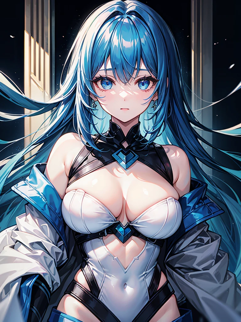 （（（masterpiece、Highest image quality、highest quality、highly detailed unity 8ｋwallpaper）））、（（Illustration of one girl、upper body））、（（（beautiful girl）））、blue hair、stocky build, thickset physique：1.3,  broad shoulders, solid chest、（（（big breasts）））、white clothes