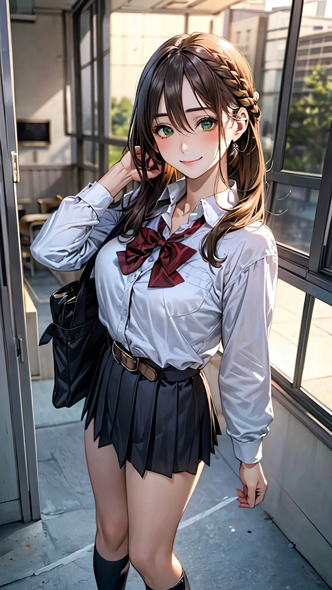 (masterpiece:1.2, top-quality), (realistic, photorealistic:1.4), beautiful illustration, (natural side lighting, movie lighting), nsfw,
looking at viewer, cowboy shot, front view:0.6, 1 girl, japanese, high school girl, perfect face, cute and symmetrical face, shiny skin,
(long hair:1.2, braid:1.2, light brown hair), hair between eyes, emerald green eyes, long eye lasher, (large breasts:0.8, seductive thighs),
beautiful hair, beautiful face, beautiful detailed eyes, beautiful clavicle, beautiful body, beautiful chest, beautiful thigh, beautiful legs,
((detailed cloth texture, school uniform, belt, long sleeves white collared shirts, black pleated skirt, red bow, socks)),
(beautiful scenery), night, classroom, standing, (cute, lovely smile, upper eyes),