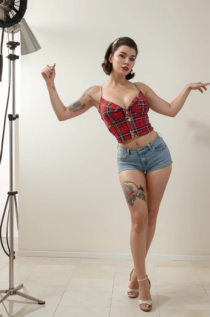 Detailed and realistic representations of a beautiful woman, radiating a distinctive pin-up style. Extremely sexy. realist. Dressed in a red plaid blouse and small denim shorts and white high-heeled sandals, her looks reflect the style of vintage prints from the 60s. Although the classic features are present, the pin-up talent is undeniable. Artistic tattoos add a contemporary touch. Their postures and expressions, combined with their pin-up looks, create a fusion between classic vintage and contemporary. Photo shoot in photo studio with white background, white marble floor, very strong front lighting, hot photo shoot for men's magazine poster, ultra-realistic photography.
