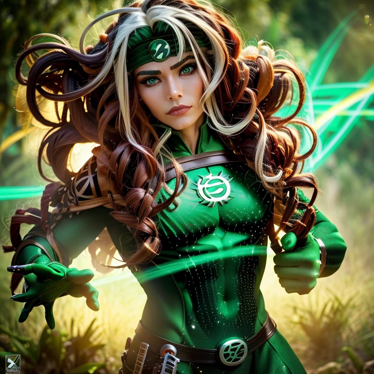 A mystical AztecNativedonning the iconic Green Lantern suit, a vibrant blend of ancient and futuristic elements, surrounded by intricately designed temples and lush jungle foliage. His emerald green eyes gleam with an otherworldly power, radiating energy that illuminates the detailed and richly textured environment. The suit's power ring is prominently displayed on his left hand, emitting a soft yet intense green glow.

This highly detailed and realistic depiction of the AztecNativeGreenLantern is brought to life in stunning 8k resolution, the natural colors and intricate details of his suit and the jungle environment dramatically enhanced. His