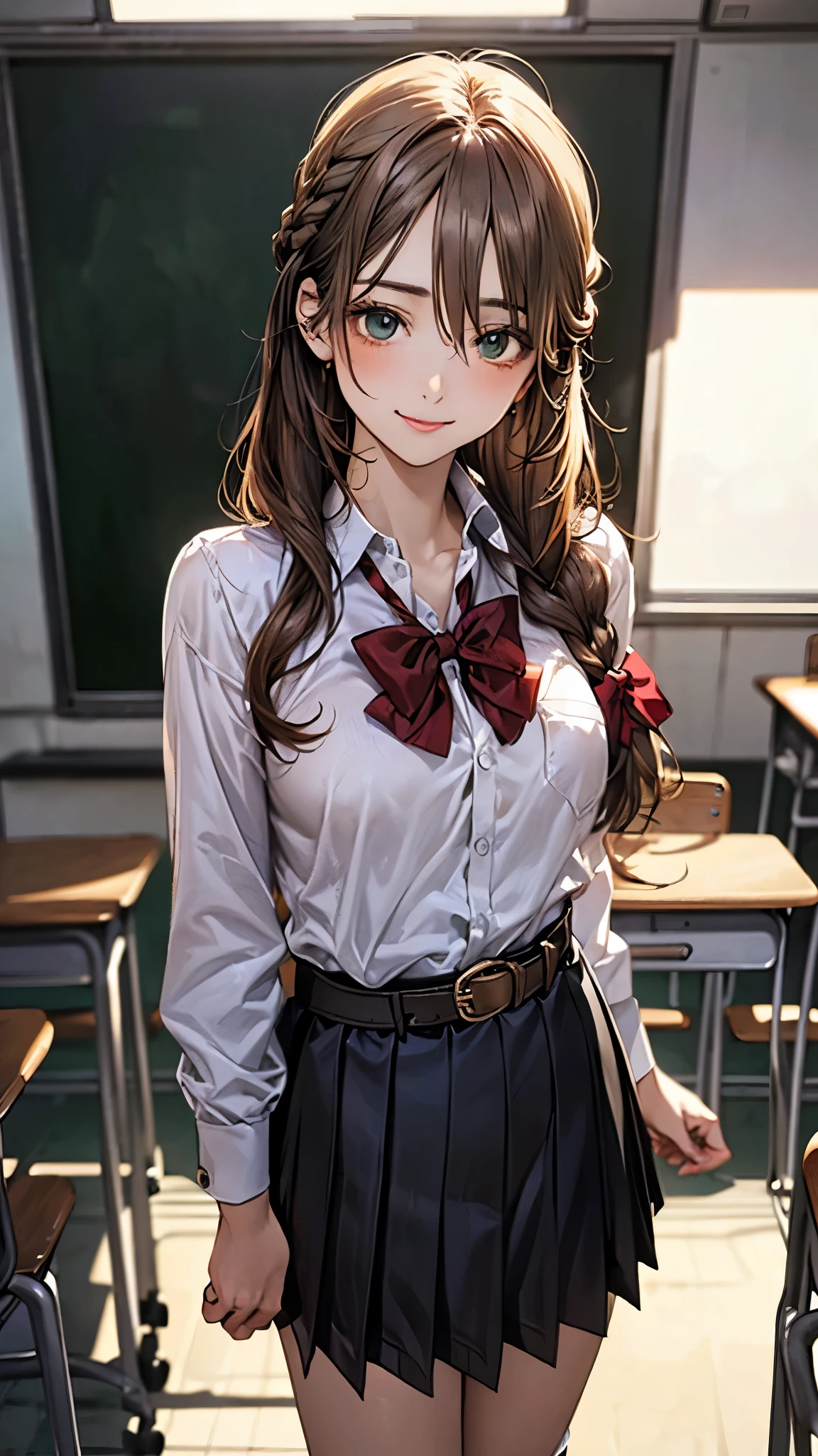 (masterpiece:1.2, top-quality), (realistic, photorealistic:1.4), beautiful illustration, (natural side lighting, movie lighting), nsfw,
looking at viewer, cowboy shot, front view:0.6, 1 girl, japanese, high school girl, perfect face, cute and symmetrical face, shiny skin,
(long hair:1.2, braid:1.2, light brown hair), hair between eyes, emerald green eyes, long eye lasher, (large breasts:0.8, seductive thighs),
beautiful hair, beautiful face, beautiful detailed eyes, beautiful clavicle, beautiful body, beautiful chest, beautiful thigh, beautiful legs,
((detailed cloth texture, school uniform, belt, long sleeves white collared shirts, black pleated skirt, red bow, socks)),
(beautiful scenery), night, classroom, standing, (cute, lovely smile, upper eyes),