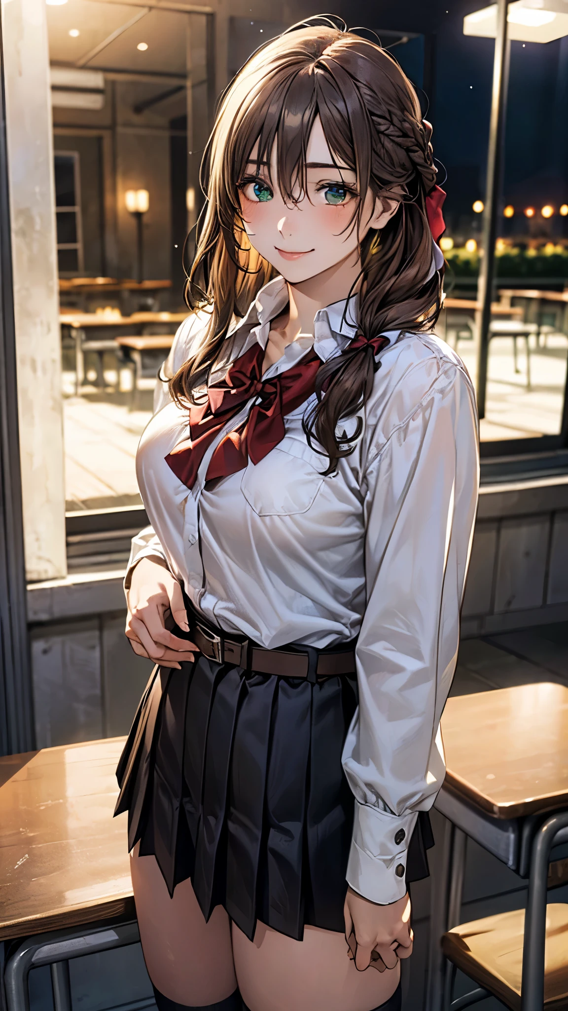 (masterpiece:1.2, top-quality), (realistic, photorealistic:1.4), beautiful illustration, (natural side lighting, movie lighting), nsfw,
looking at viewer, cowboy shot, front view:0.6, 1 girl, japanese, high school girl, perfect face, cute and symmetrical face, shiny skin,
(long hair:1.2, braid:1.2, light brown hair), hair between eyes, emerald green eyes, long eye lasher, (large breasts:0.8, seductive thighs),
beautiful hair, beautiful face, beautiful detailed eyes, beautiful clavicle, beautiful body, beautiful chest, beautiful thigh, beautiful legs,
((detailed cloth texture, school uniform, belt, long sleeves white collared shirts, black pleated skirt, red bow, socks)),
(beautiful scenery), night, classroom, standing, (cute, lovely smile, upper eyes),