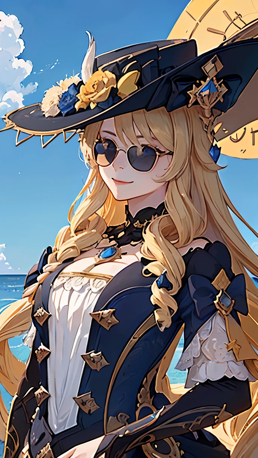 (Super detailed background, top quality、4K、Wear a big hat、blond hair、Wear sunglasses、Touch your black sunglasses with your right hand、side up、solo、Upper body upward、a smile、clean face、perfect hands、looking at camera、Sea background