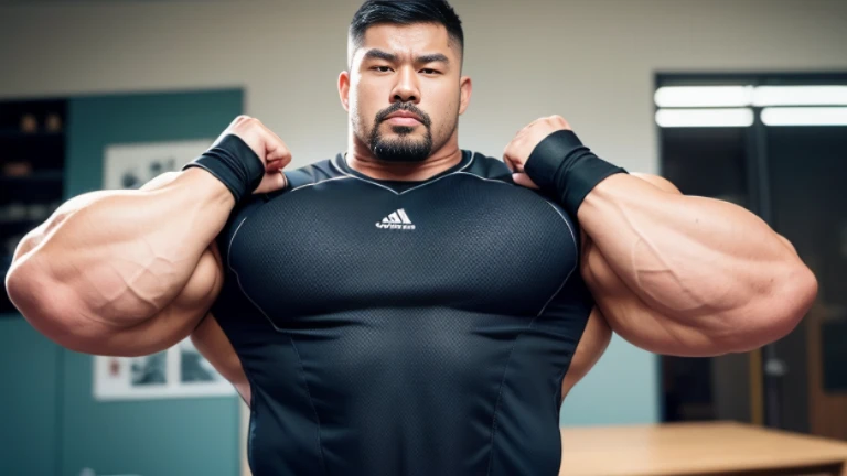 (Highly detailed 8K wallpaper), asian man, muscle worship, fold your arms, On the playground, baseball uniform, high detail, very short hair, skin head, Circular cut, very large and strong body, bulging muscles, muscular, very large pectoral muscles. Very sexy abs, legs are muscular, Toned figure, brightens oily skin, muscular, Tank top, T-shirt, long shot, wide shot