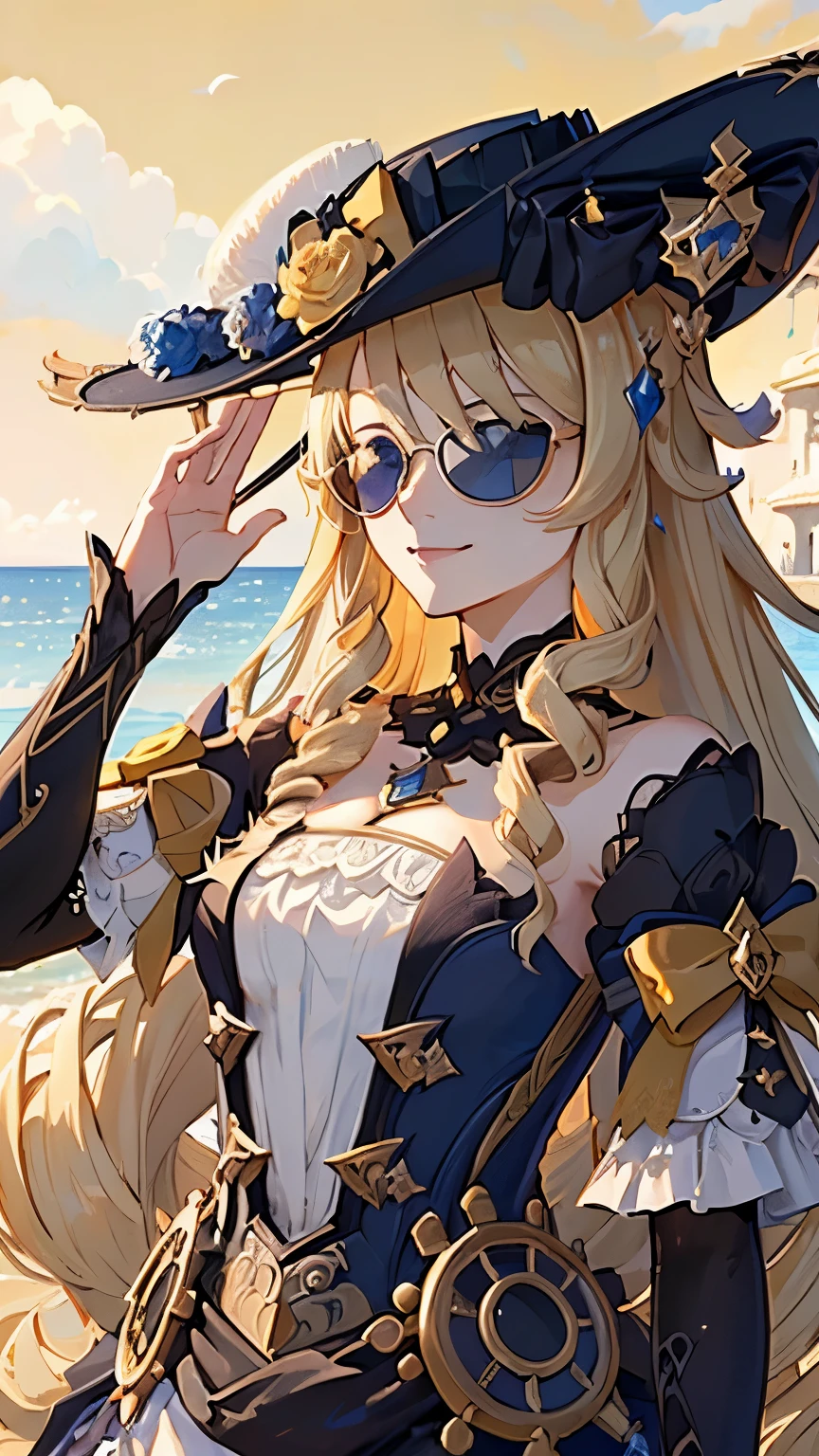 (Super detailed background, top quality、4K、Wear a big hat、blond hair、Wear sunglasses、Touch your black sunglasses with your right hand、side up、solo、Upper body upward、a smile、clean face、perfect hands、looking at camera、Sea background